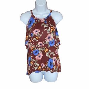 Papaya Floral Cold Shoulder Tank Top Brown Multicolor Size M